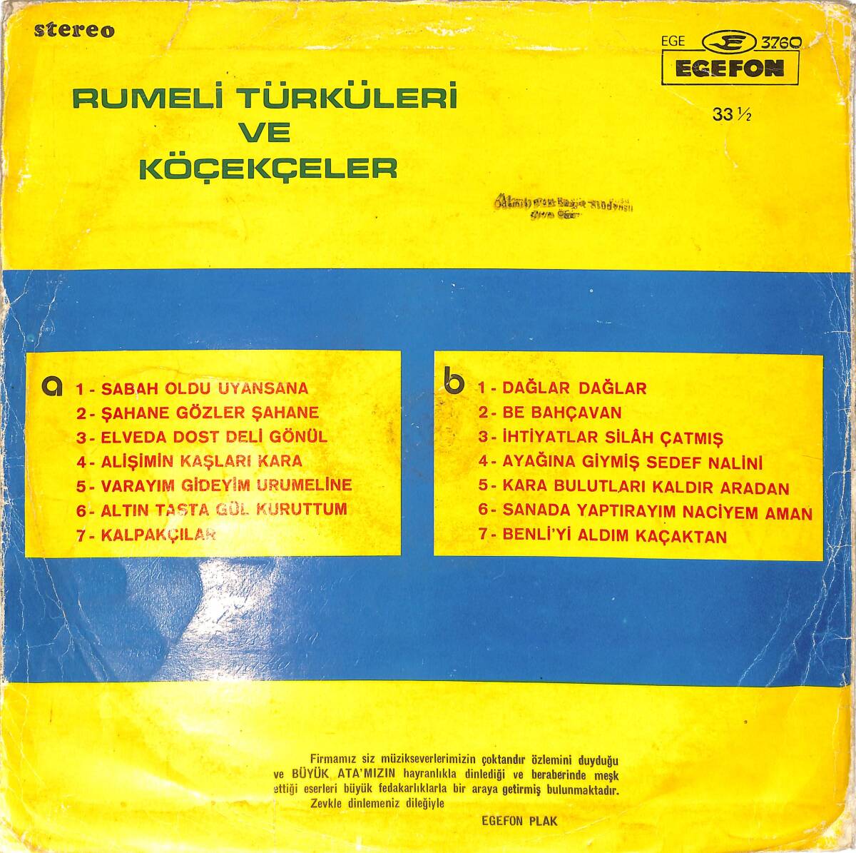 Rumeli Türküleri ve Köçekçeler LP PLAK (10/7.5) PLK26503 - 2