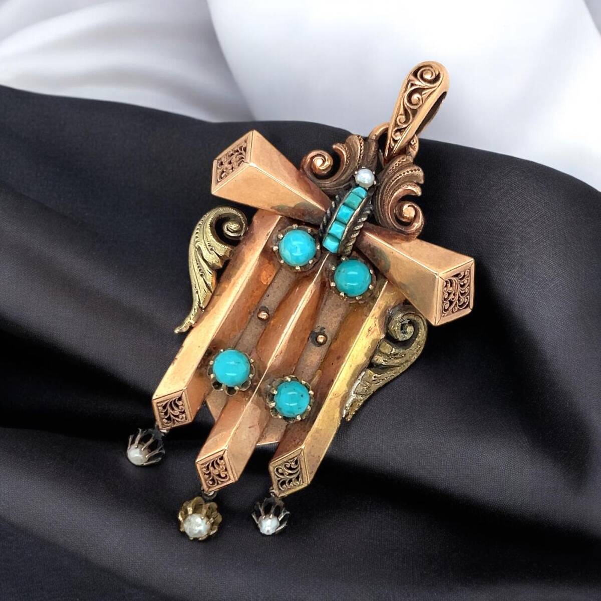 Rusya 1940 lar 18 ayar İnci Ve Turkuaz Taşlı Kapaklı Haç Kutusu ELM146 #27.80 - 1