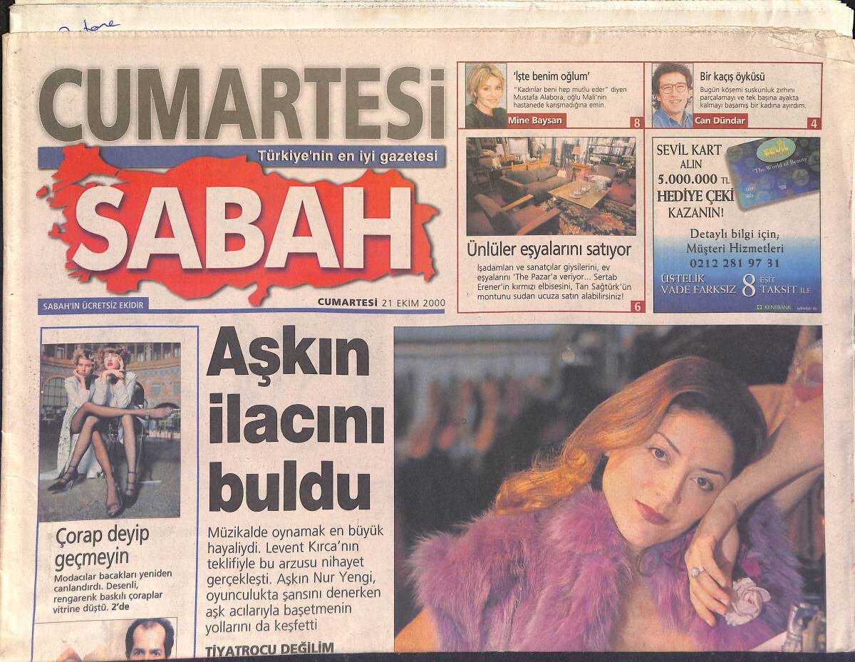 Sabah Cumartesi Gazetesi 21 Ekim 2000 - Aşkın Nur Yengi, Aşkın İlacını Buldu - Türkiye Gündemi Reyting Hamdi'de GZ2991 - 1