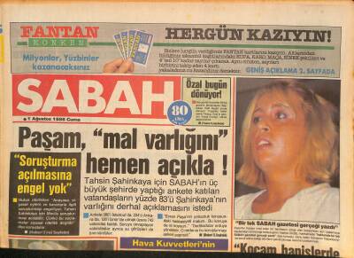 Sabah Gazetesi 1 Ağustos 1986 - Tahsin Şahinkayanın Mal Varlığı, Karaoğlan Çizgi Roman, Victoria Principal, Galatasaray GZ126450 - 1