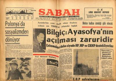 Sabah Gazetesi 1 Aralık 1965 - Bilgiç Ayasofyanın Açılması Zaruridir GZ74791 - 1