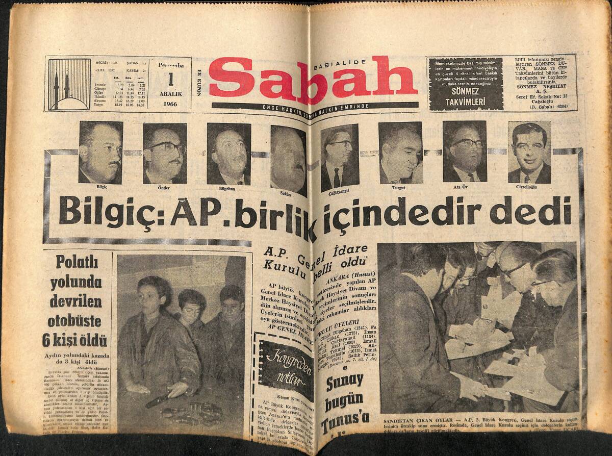 Sabah Gazetesi 1 Aralık 1966 - Milli Güvenlik Kurulu Mühim Bir Toplantı Yaptı - Cevdet Sunay Bugün Tunus'a Gidiyor! GZ146008 - 1