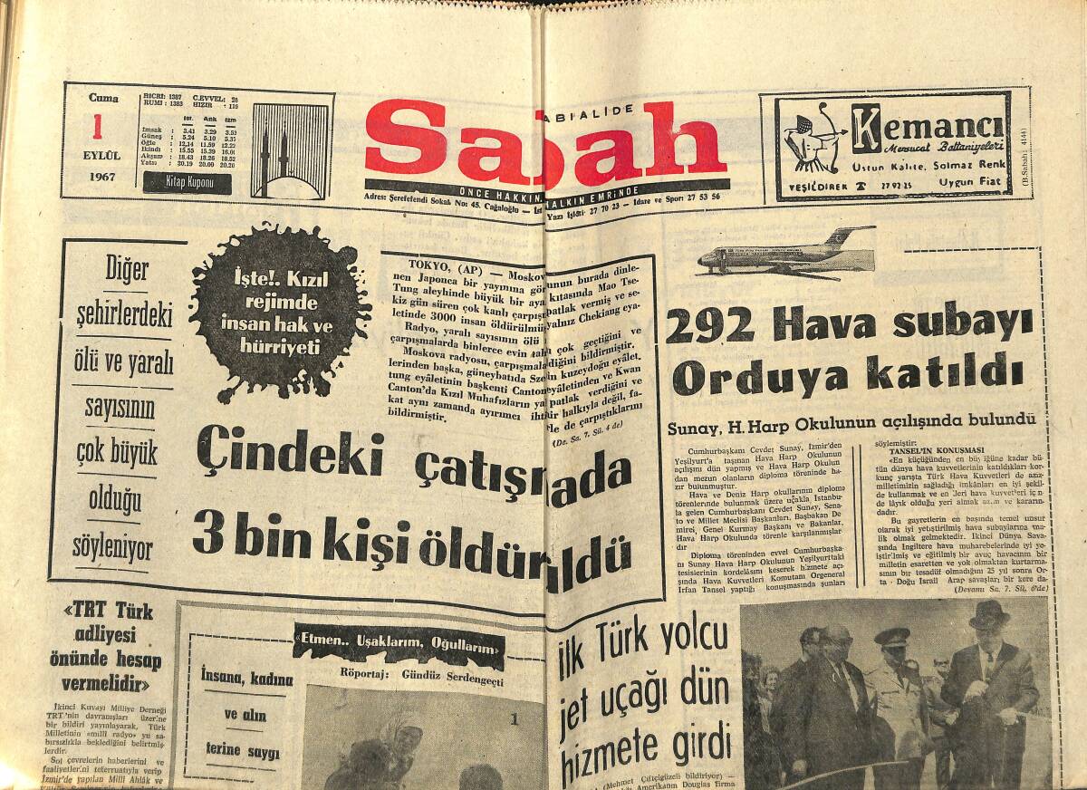 Sabah Gazetesi 1 Eylül 1967 - İlk Türk Yolcu Jet Uçağı Dün Hizmete Girdi - TRT Türk Adliyesi Önünde Hesap Vermelidir GZ149976 - 1