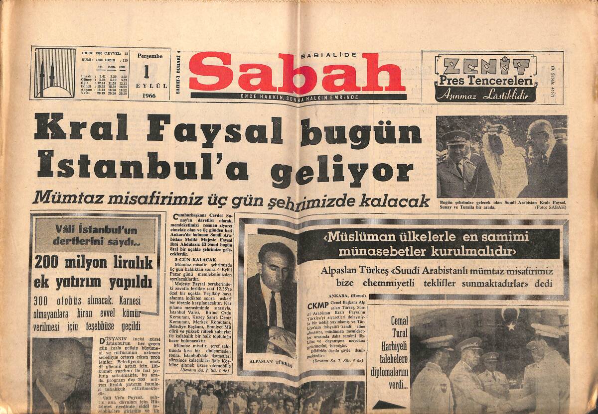 Sabah Gazetesi 1 Eylül 1968 - Kral Faysal Bugün İstanbul'a Geliyor - Mersin'de Jandarmalar Kuran Kurslarını Basıyor GZ150174 - 1