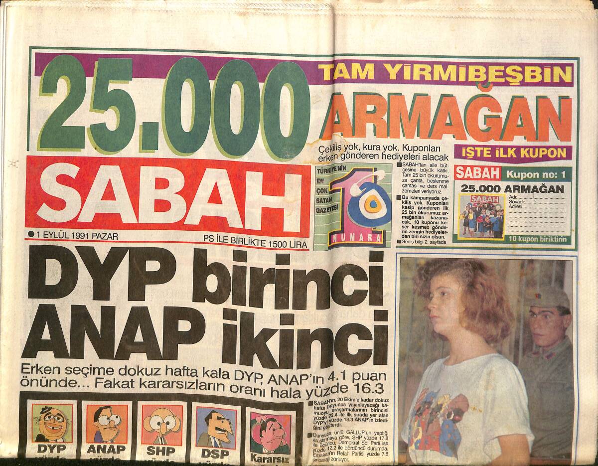 Sabah Gazetesi 1 Eylül 1991 - PKK'lılar Yine Turist Kaçırdı - Kırgızistan Ve Özbekistan da Bağımsız Oldu GZ150331 - 1