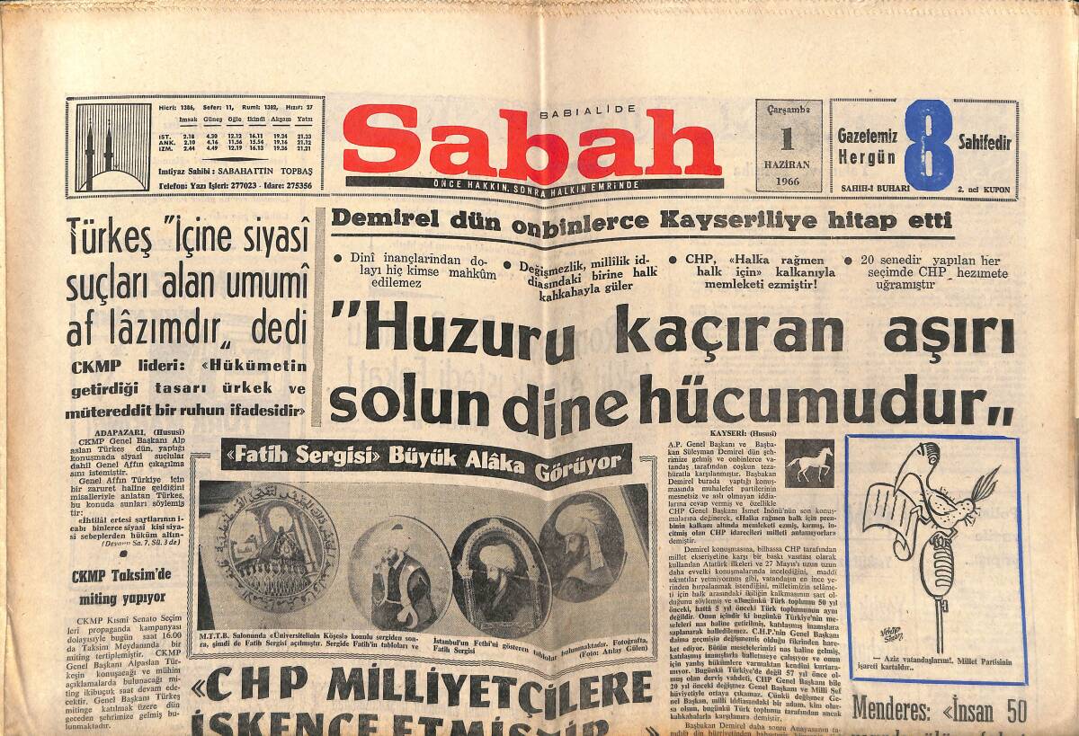 Sabah Gazetesi 1 Haziran 1966 - CHP Milliyetçilere İşkence Etmiştir - Galatasaray Fenerbahçe İçin Kampa Girdi GZ149783 - 1