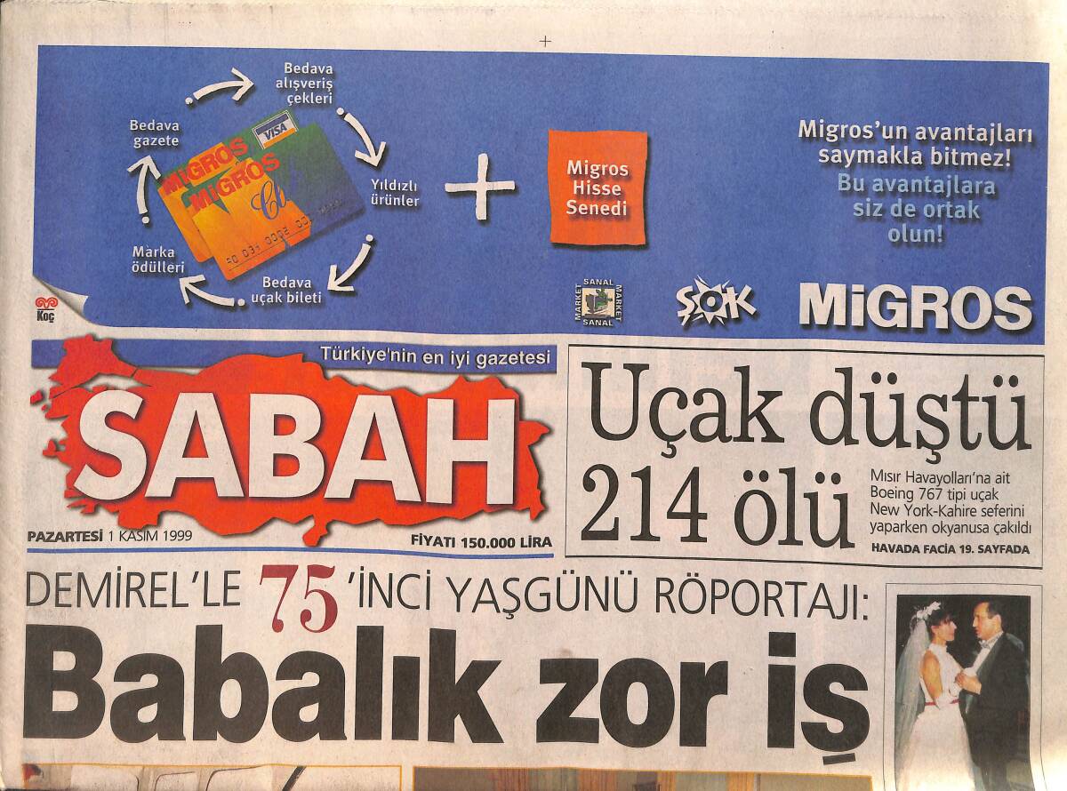 Sabah Gazetesi 1 Kasım 1999 - Mısır Havayollarına Ait Uçak Düştü 214 Ölü Var GZ158117 - 1