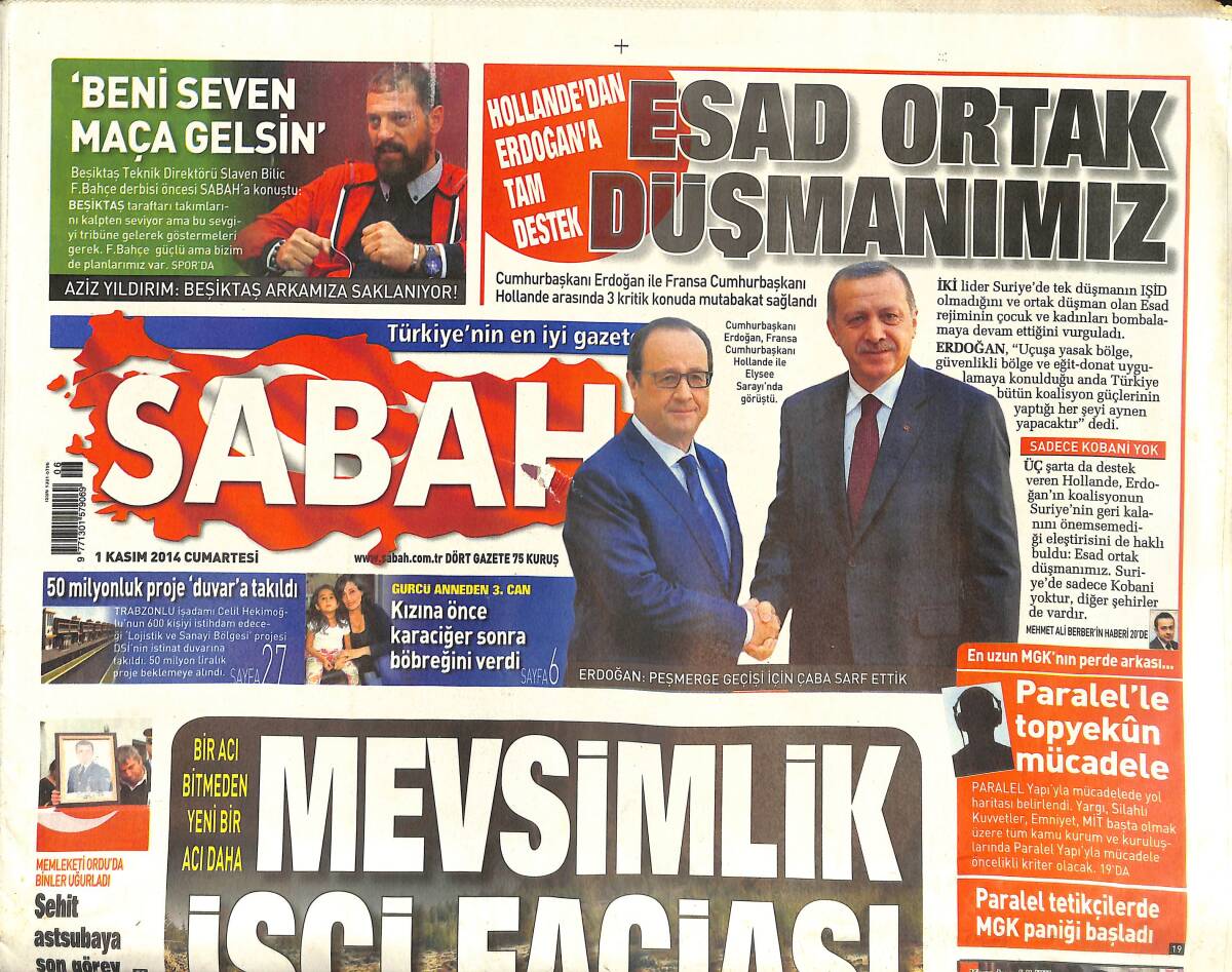 Sabah Gazetesi 1 Kasım 2014 - Aziz Yıldırım: Beşiktaş Arkamıza Saklanıyor! - THK'DA 5 Milyonluk Rüşvet GZ135767 - 1