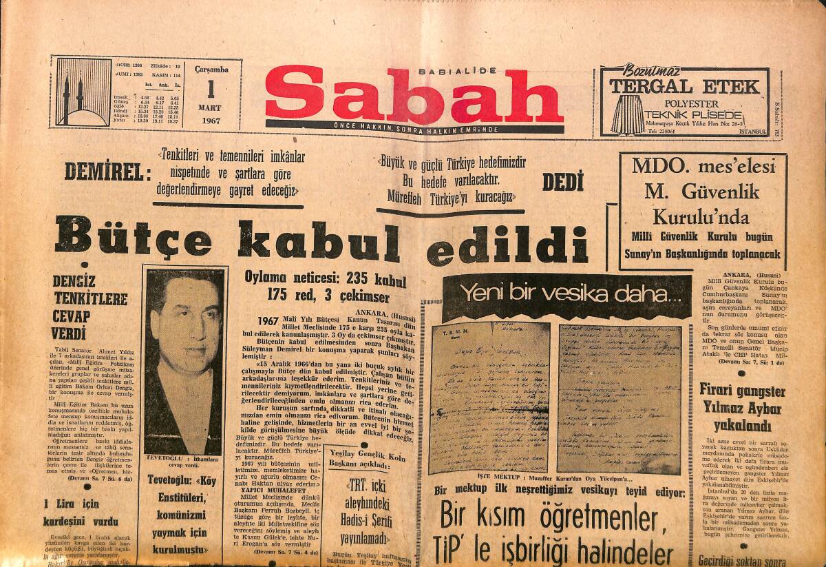 Sabah Gazetesi 1 Mart 1967 - Beşiktaş Sakin, Galatasaray Endişeli - TRT İçki Aleyhindeki Hadis-i Şerifi Yayınlamadı GZ149815 - 1