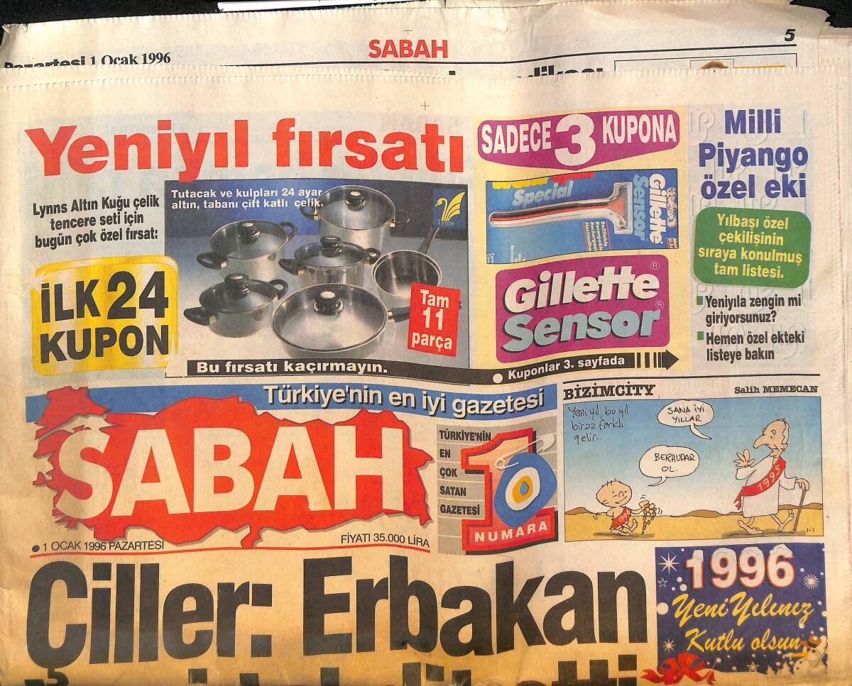 Sabah Gazetesi 1 Ocak 1996 - Çiller : Erbakan Beni Tehdit Etti - Kara Tren Zamlandı GZ132978 - 1