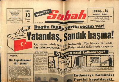 Sabah Gazetesi 10 Ekim 1965 - Bütün Yurtta Seçim Var, Vatandaş Sandık Başına GZ63988 - 2