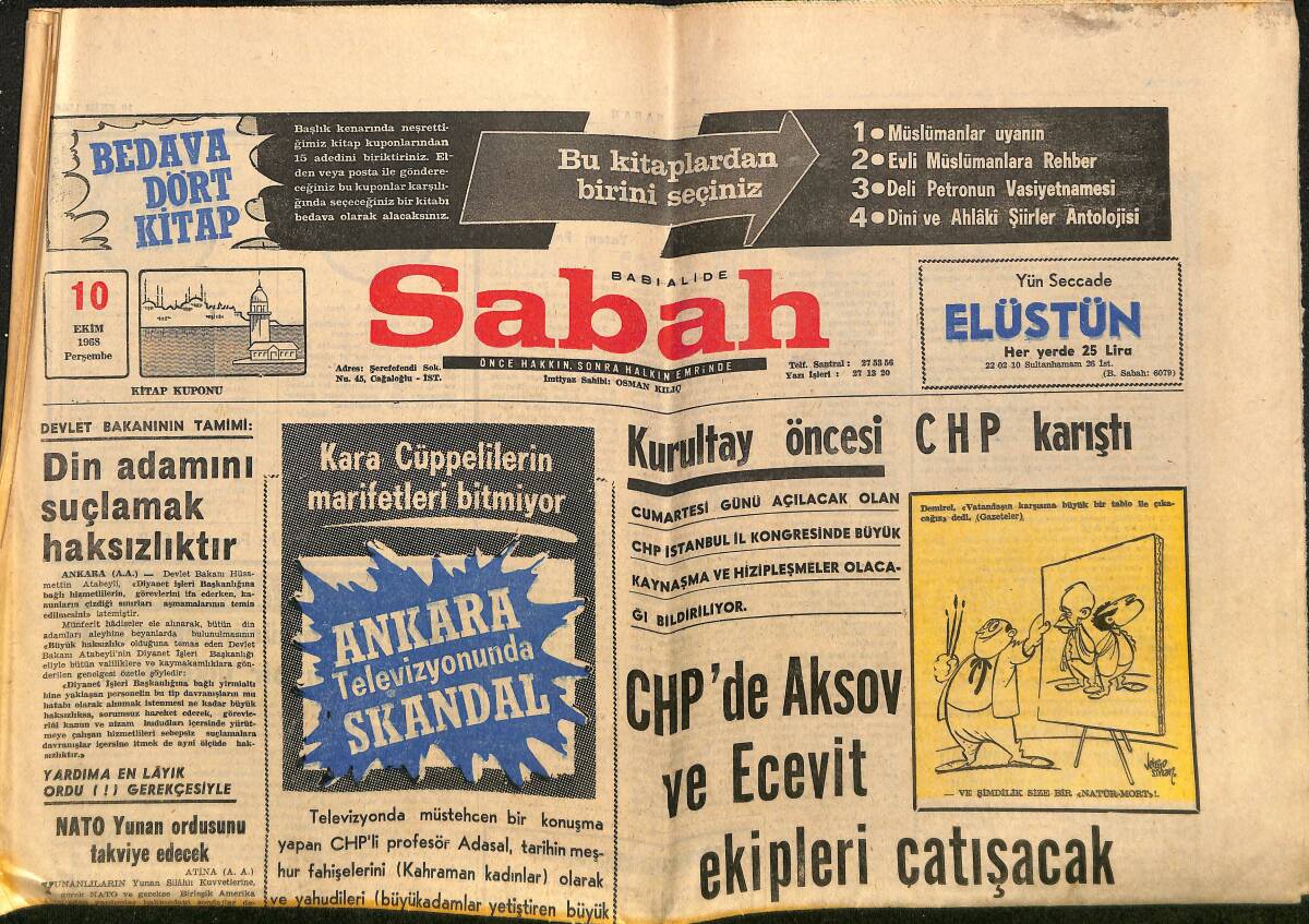 Sabah Gazetesi 10 Ekim 1968 - CHP'de Aksoy Ve Ecevit Ekipleri Çatışacak - Kurultay Öncesi CHP Karıştı GZ149713 - 1