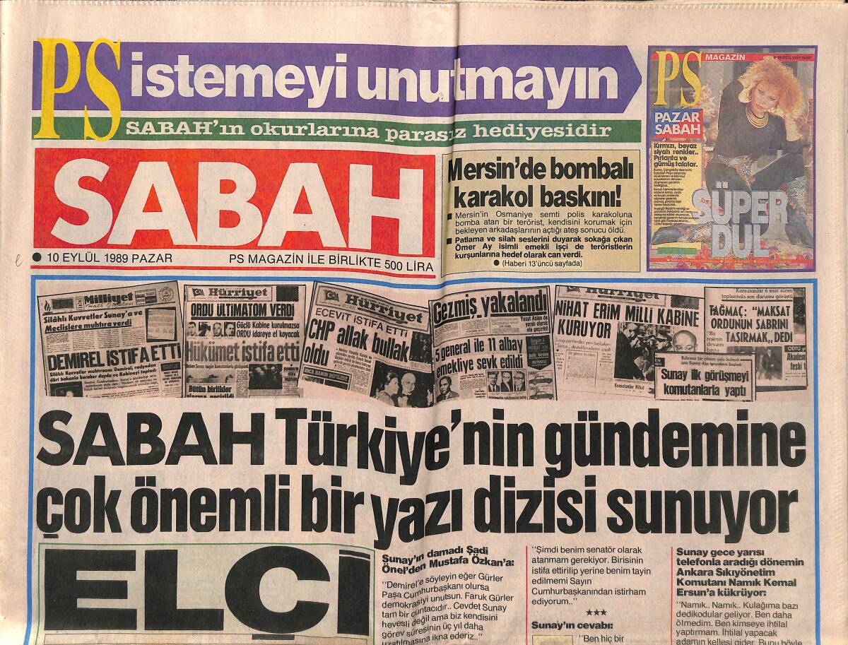 Sabah Gazetesi 10 Eylül 1989 - Andreas Papandreu'ya Cezaevi Yolu Gözüktü - Mersin'de Bombalı Karakol Baskını GZ150476 - 1