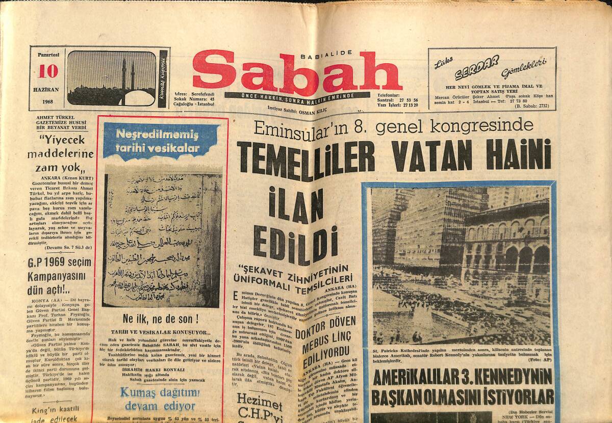 Sabah Gazetesi 10 Haziran 1968 - Kudüs İçin Müslümanlar Kutsal Savaşa Çağrıldı - Temelliler Vatan Haini İlan Edildi GZ152005 - 1