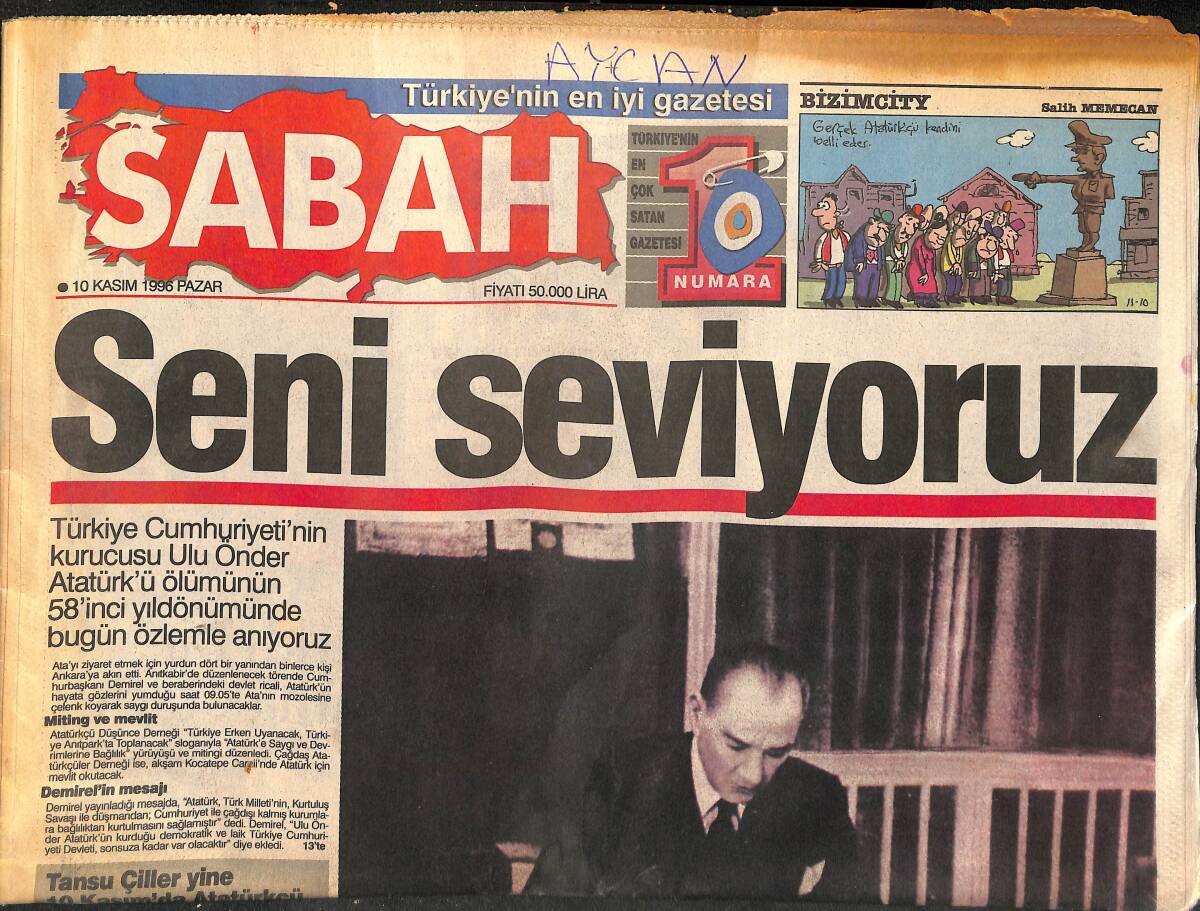Sabah Gazetesi 10 Kasım 1996 - Özer Çiller MİT'e Adam Yerleştirdi - Akşener Göreve Sessizce Başladı GZ148045 - 1