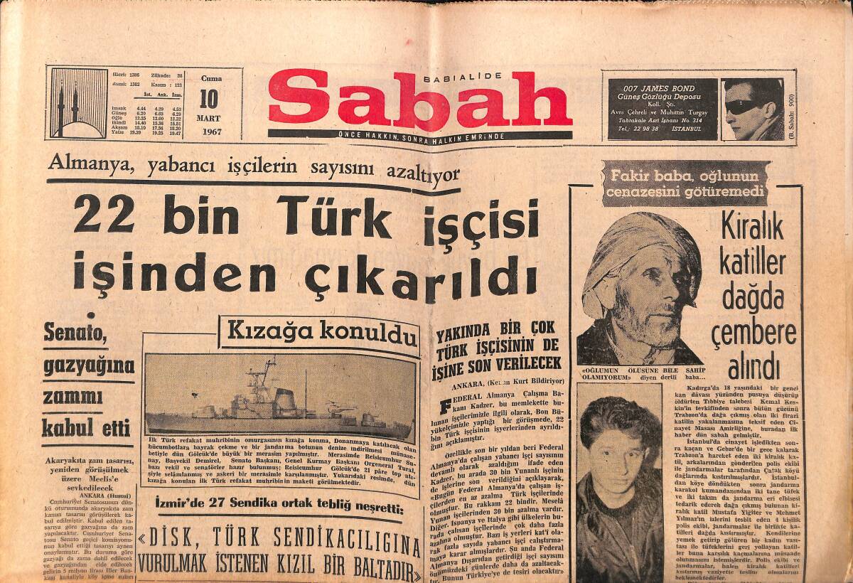 Sabah Gazetesi 10 Mart 1967 - Almanya , Yabancı İşçilerin Sayısını Azaltıyor - Kenan Onat'ın Vazifesine Son Verildi GZ149737 - 1