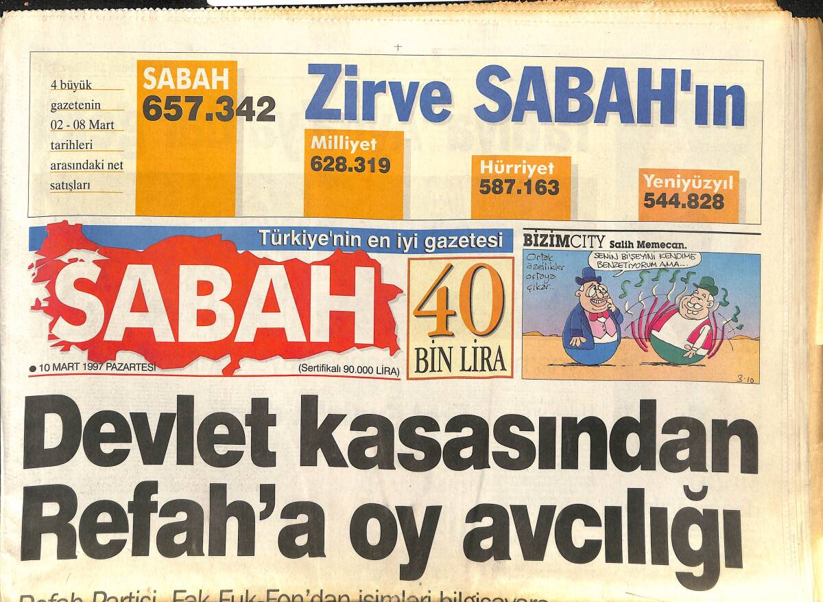 Sabah Gazetesi 10 Mart 1997 - Devlet Kasasından Refah'a Oy Avcılığı - Işılay Saygın , Hülya Avşar'a Soytarı Dedi GZ148040 - 1