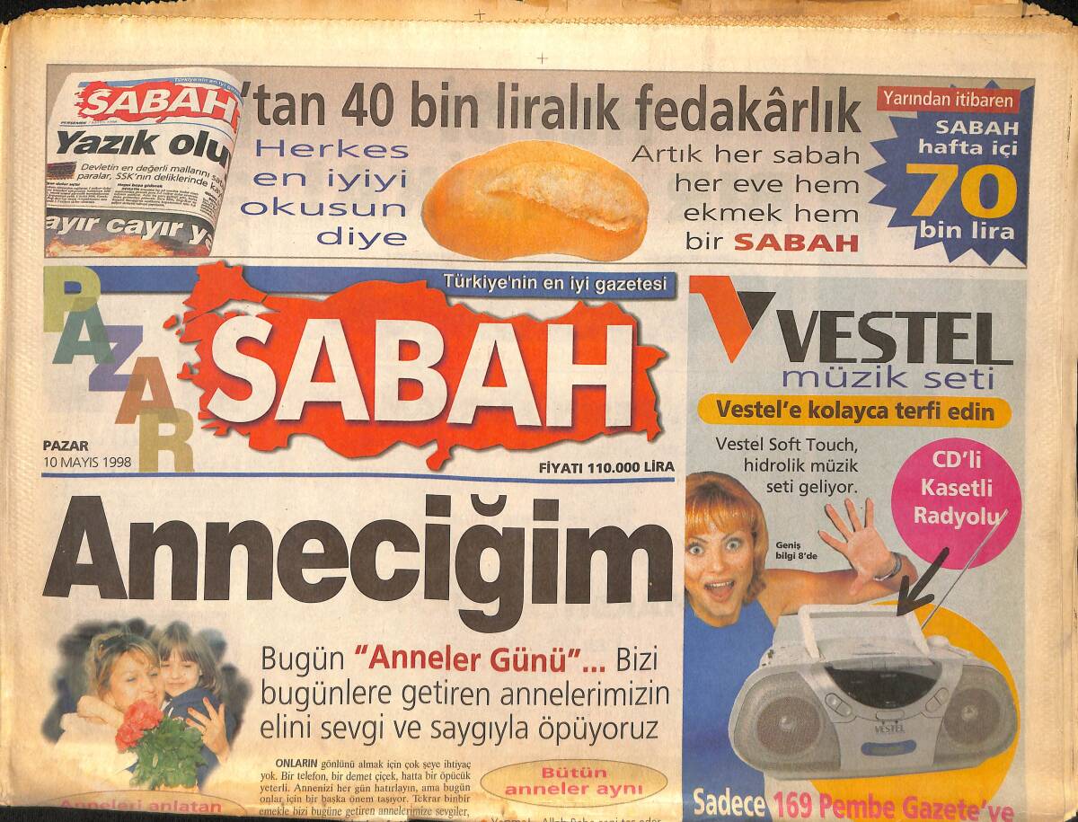 Sabah Gazetesi 10 Mayıs 1998 - İmparator Fatih Terim Anlattı - Cindoruk : Çiller El Nino Gibi GZ155455 - 1
