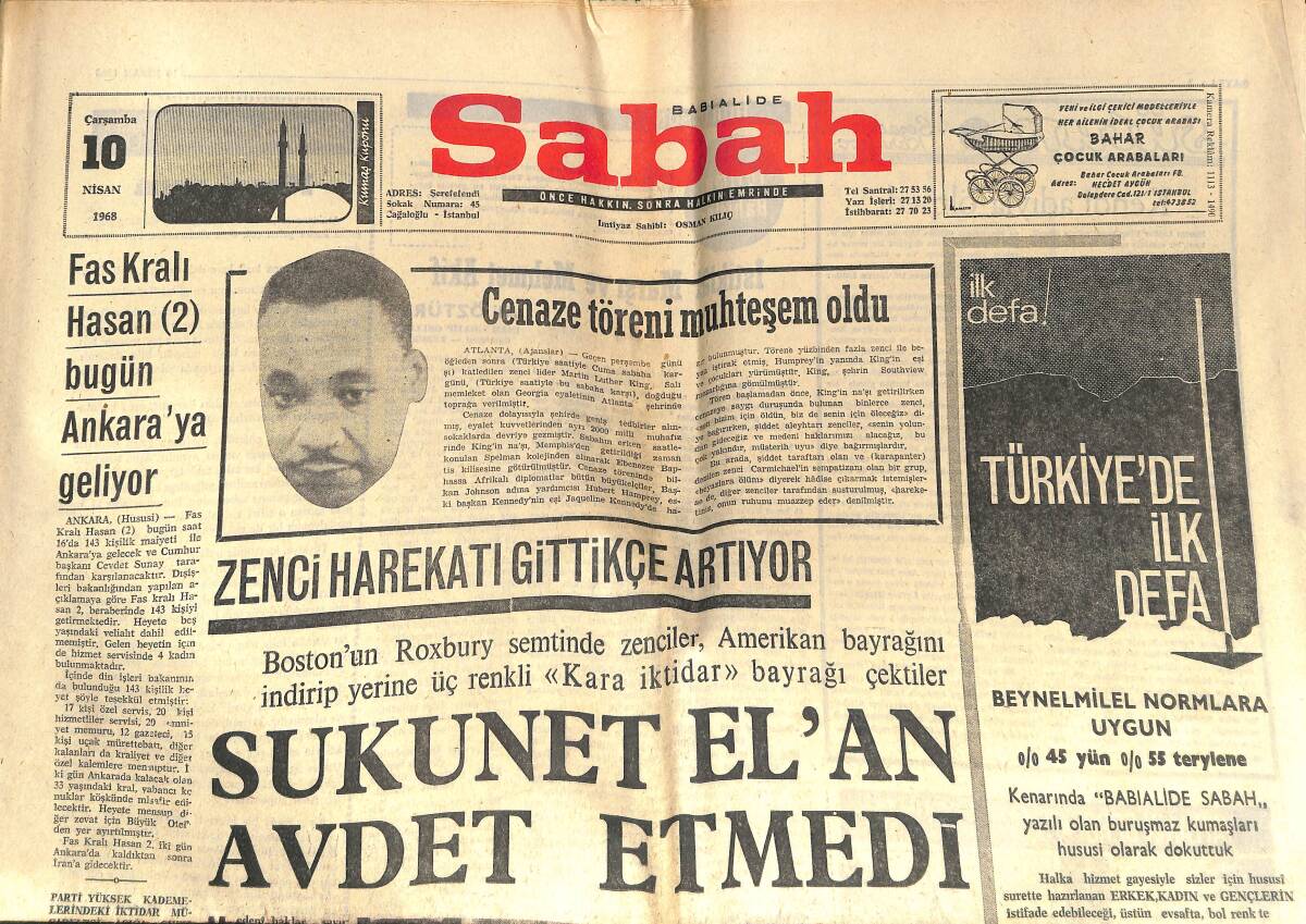 Sabah Gazetesi 10 Nisan 1968 - Fas Kralı Hasan Bugün Ankara'ya Geliyor! - Tagar, Korkulu Bir Devdi! GZ146015 - 1