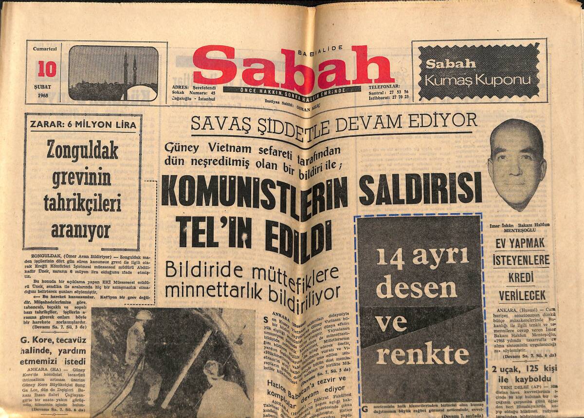 Sabah Gazetesi 10 Şubat 1968 - Turgut Reis'in Türbesi Ve Tarihi Vesika - Komünistlerin Saldırısı Tel'in Edildi GZ148721 - 1
