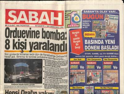 Sabah Gazetesi 10 Şubat 1992 - Orduevine Bomba 8 Kişi Yaralandı GZ81478 - 1