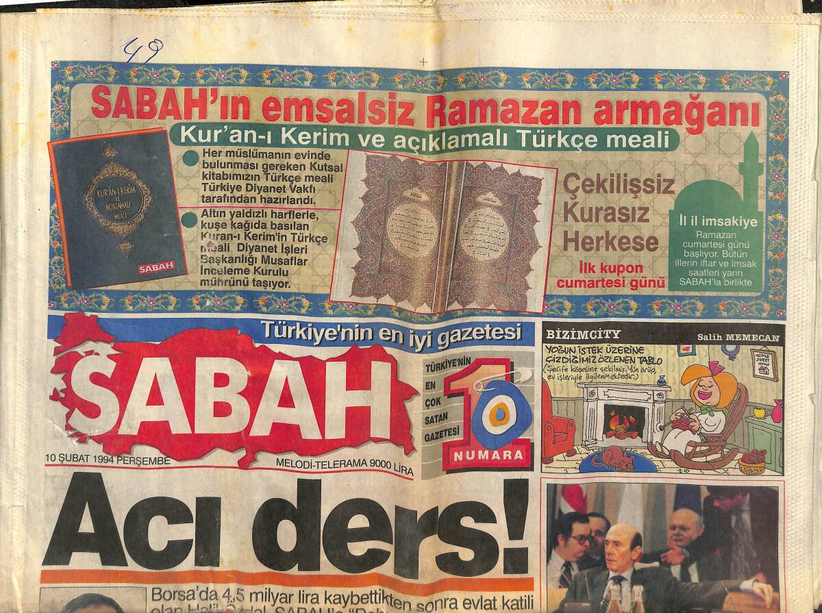 Sabah Gazetesi 10 Şubat 1994 - Kayahan'a Döndü - Çiller'e Moral Veren Sloganlar GZ153107 - 1