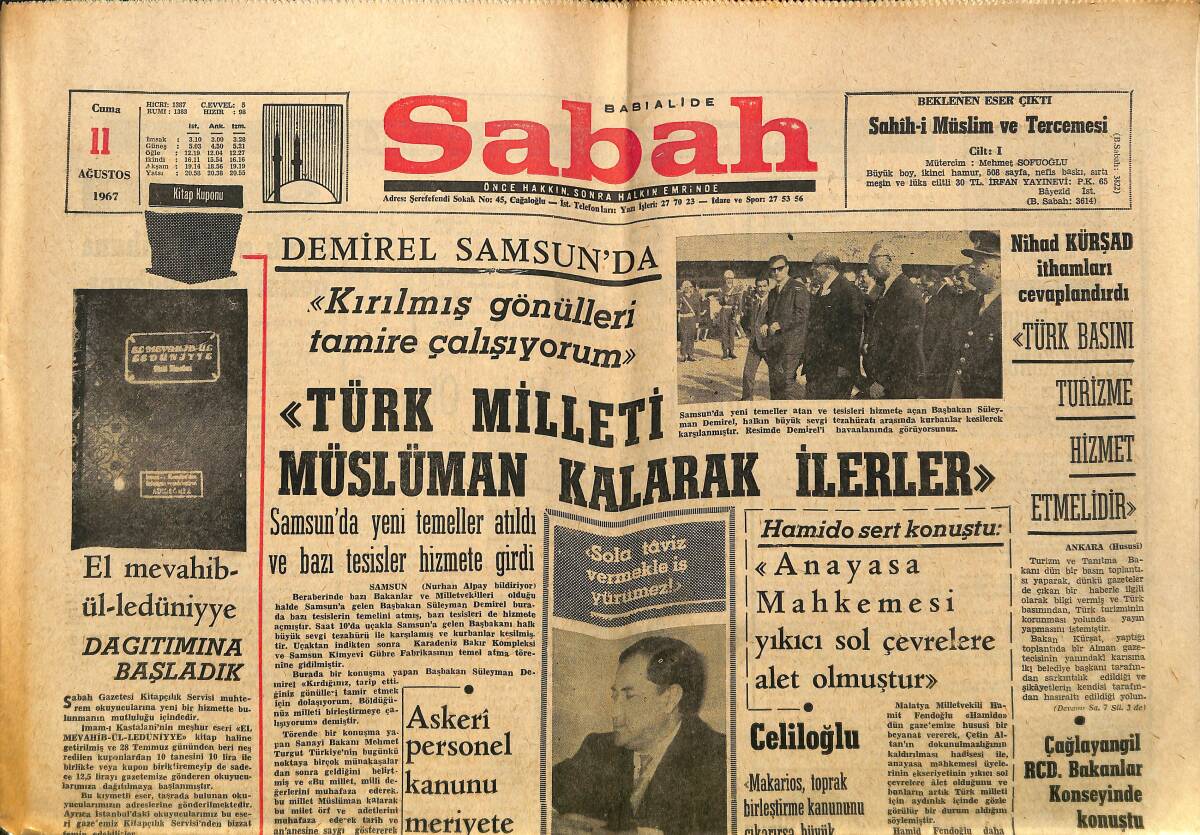 Sabah Gazetesi 11 Ağustos 1967 - Danimarka'da İki Tren Çarpıştı : 9 Ölü , 40 Yaralı Var - Nihad Kürşad İthamları Cevaplandırdı GZ149878 - 1