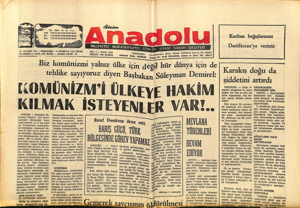 Bizim Anadolu Gazetesi 11 Aralık 1975 - Komünizmi Ülkeye Hakim Kılmaz İsteyenler Var - İzmir Valisi Toprağa Verildi GZ149845 - 1