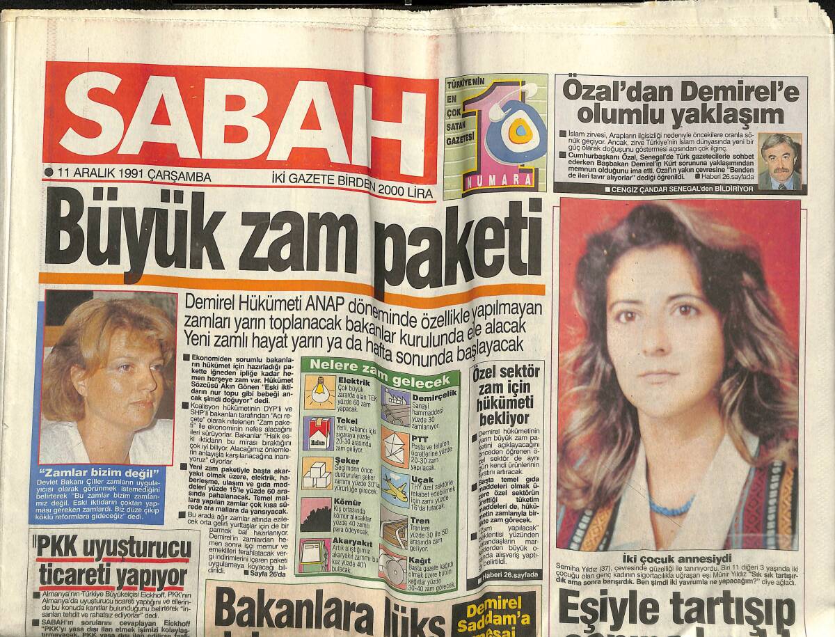 Sabah Gazetesi 11 Aralık 1991 - Muazzez Abacı İle Hasan Heybetli Boşandı! - Turgut Özal'dan Demirel'e Olumlu Yaklaşım! GZ145988 - 1