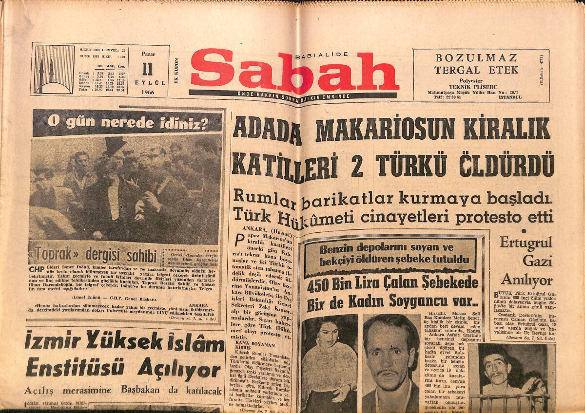 Sabah Gazetesi 11 Eylül 1966 - Ada'da Makarios'un Kiralık Katilleri 2 Türkü Öldürdü - Muhammed Ali 26. Defa Yine Galip GZ149798 - 1