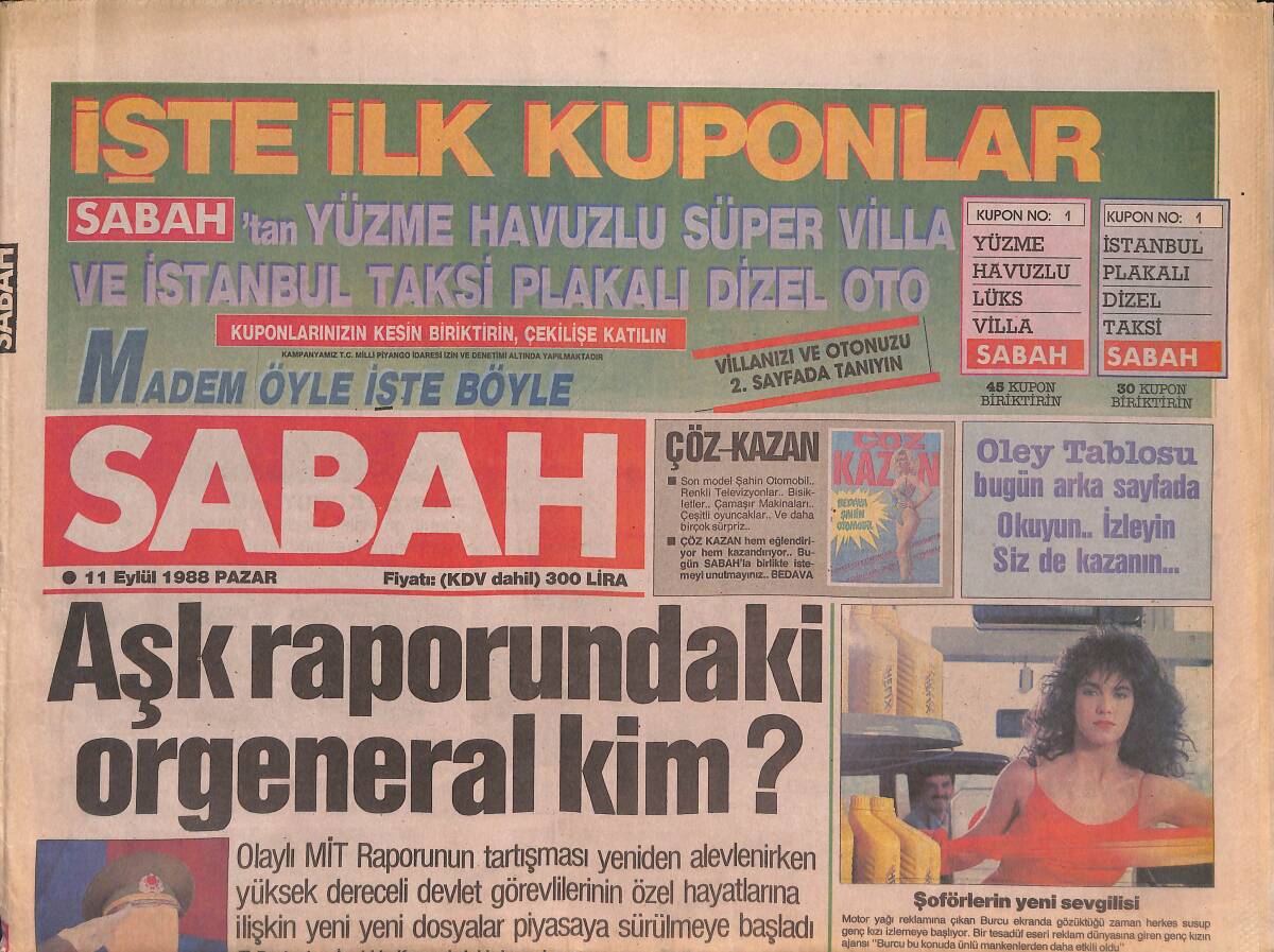 Sabah Gazetesi 11 Eylül 1988 - Evren Sezon'u Marmaris'te Kapattı - Aşk Raporundaki Orgeneral Kim ? GZ133067 - 1