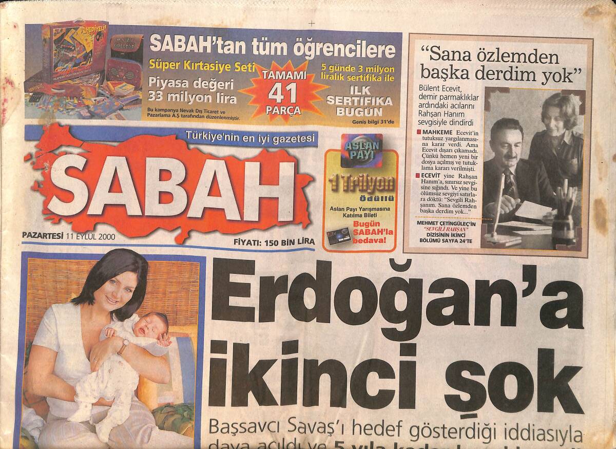 Sabah Gazetesi 11 Eylül 2000 - Sibel Can'ın Yeni Hayatı - Kadir İnanır İtiraf Etti - Galatasaray ile Karşılaşacak Olan Monaco'da Jardel Korkusu GZ158086 - 1