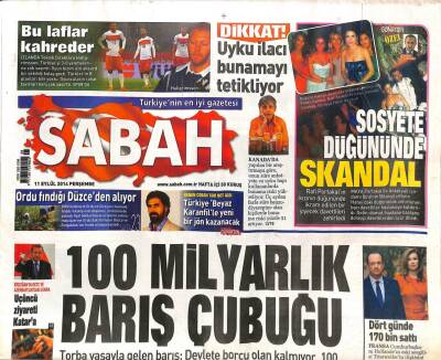 Sabah Gazetesi 11 Eylül 2014 - Ordu Fındığı Düzceden Alıyor - Almanyadan PKKya 5 Bin Tabanca Gitti GZ98391 - 1