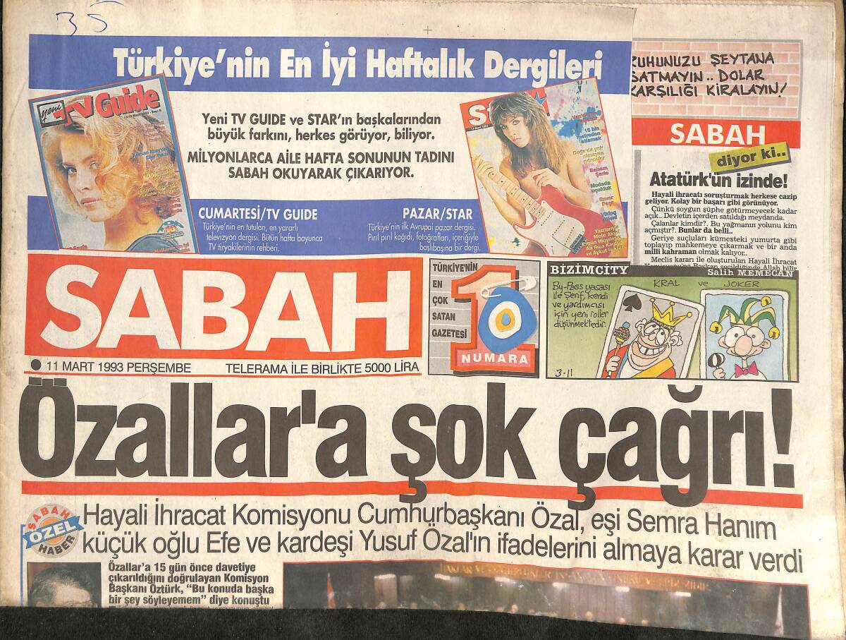 Sabah Gazetesi 11 Mart 1993 - Özallar'a Şok Çağrı - Bakan İbrahim Tez'in Yıldırım Aşkı! GZ145765 - 1
