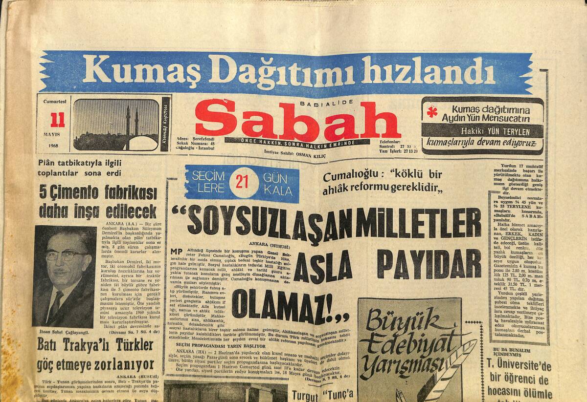 Sabah Gazetesi 11 Mayıs 1968 - Batı Trakyalı Türkler Göç Etmeye Zorlanıyor - TRT'nin Yeni İşgüzarlığı GZ149958 - 1