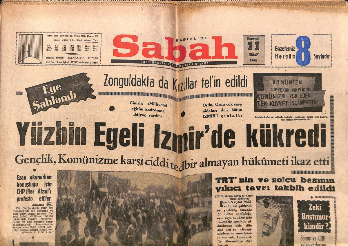 Sabah Gazetesi 11 Nisan 1966 - Yüz Bin Egeli İzmir'de Kükredi - Mareşal Fevzi Çakmak Törenle Anıldı GZ149804 - 1