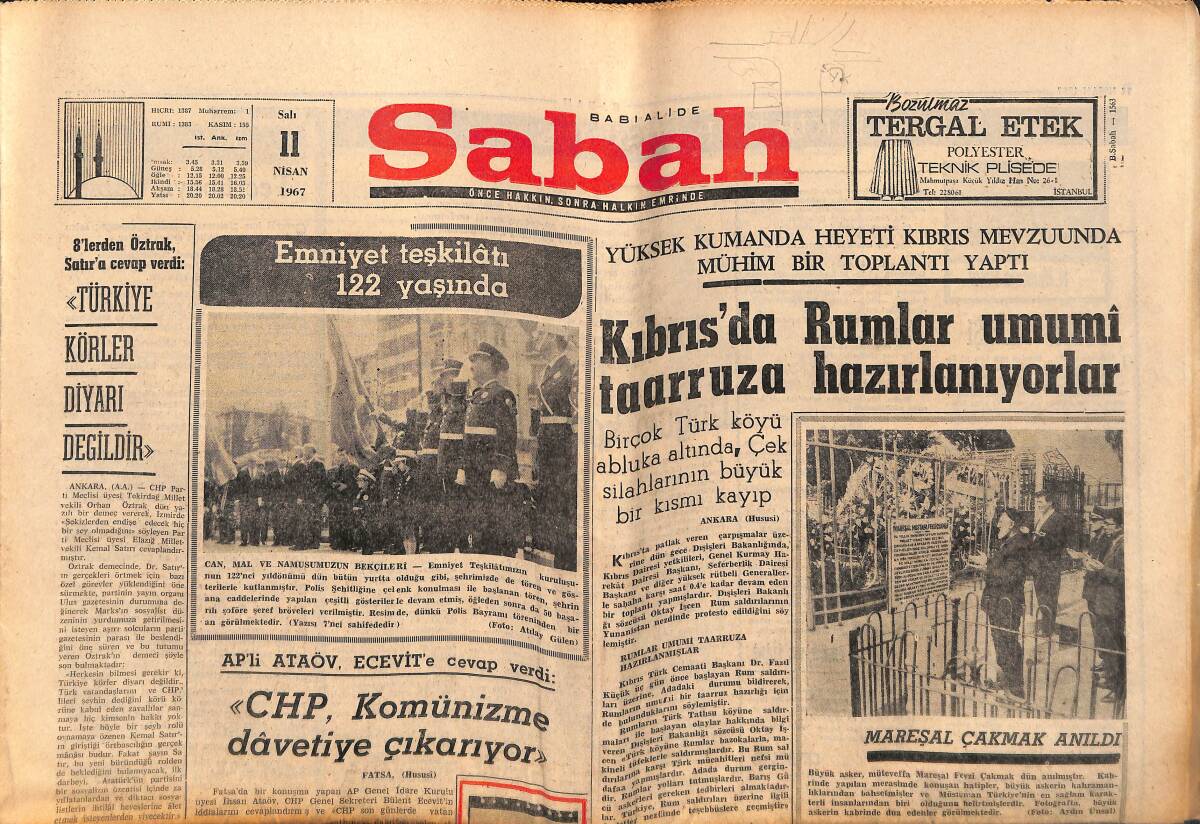 Sabah Gazetesi 11 Nisan 1967 - Kıbras'da Rumlar Umumi Taarruza Hazırlanıyorlar - Üniversite De Aday Kaydı Başladı GZ149542 - 1