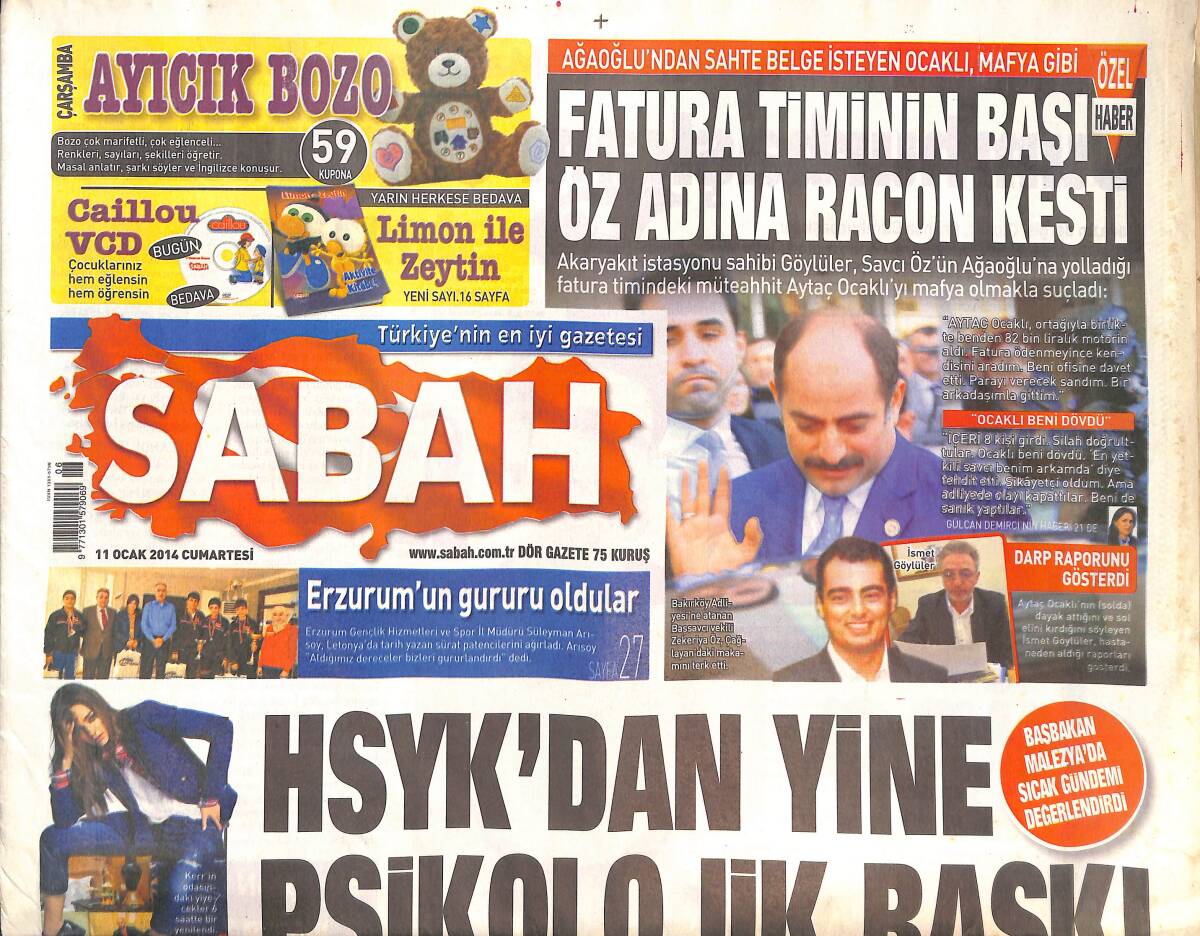 Sabah Gazetesi 11 Ocak 2014 - HSYK'DAN Yine Psikolojik Baskı - Dünya Kupası Değil Galatasaray! GZ136643 - 1