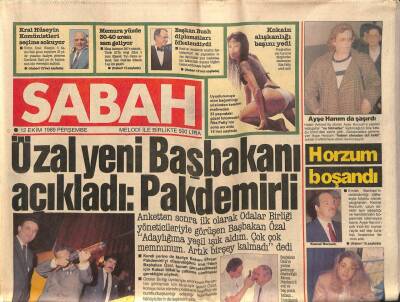 Sabah Gazetesi 12 Ekim 1989 - Özal Yeni Başbakanı Açıkladı Pakdemirli GZ83373 - 1