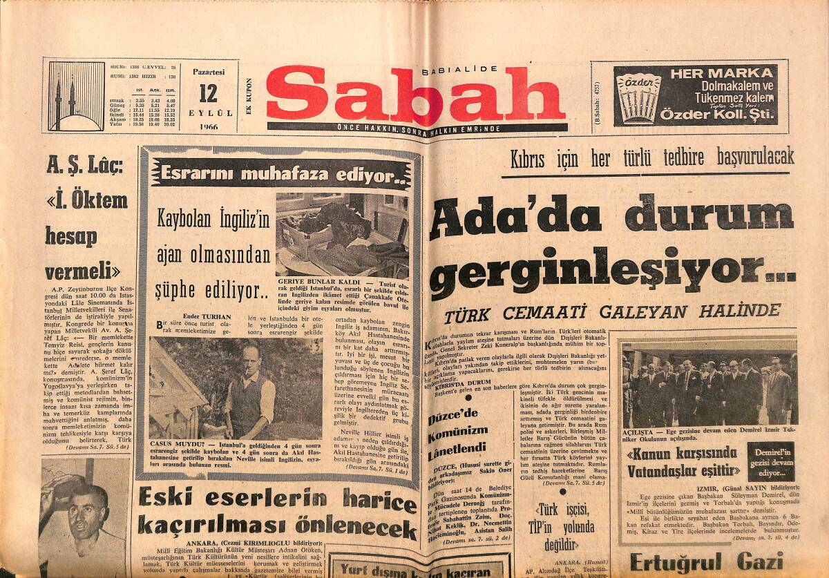 Sabah Gazetesi 12 Eylül 1966 - Vietnam Halkı Ateş Altında Oy Veriyor - Muhammed Ali Türkiye'ye Geliyor GZ149796 - 1