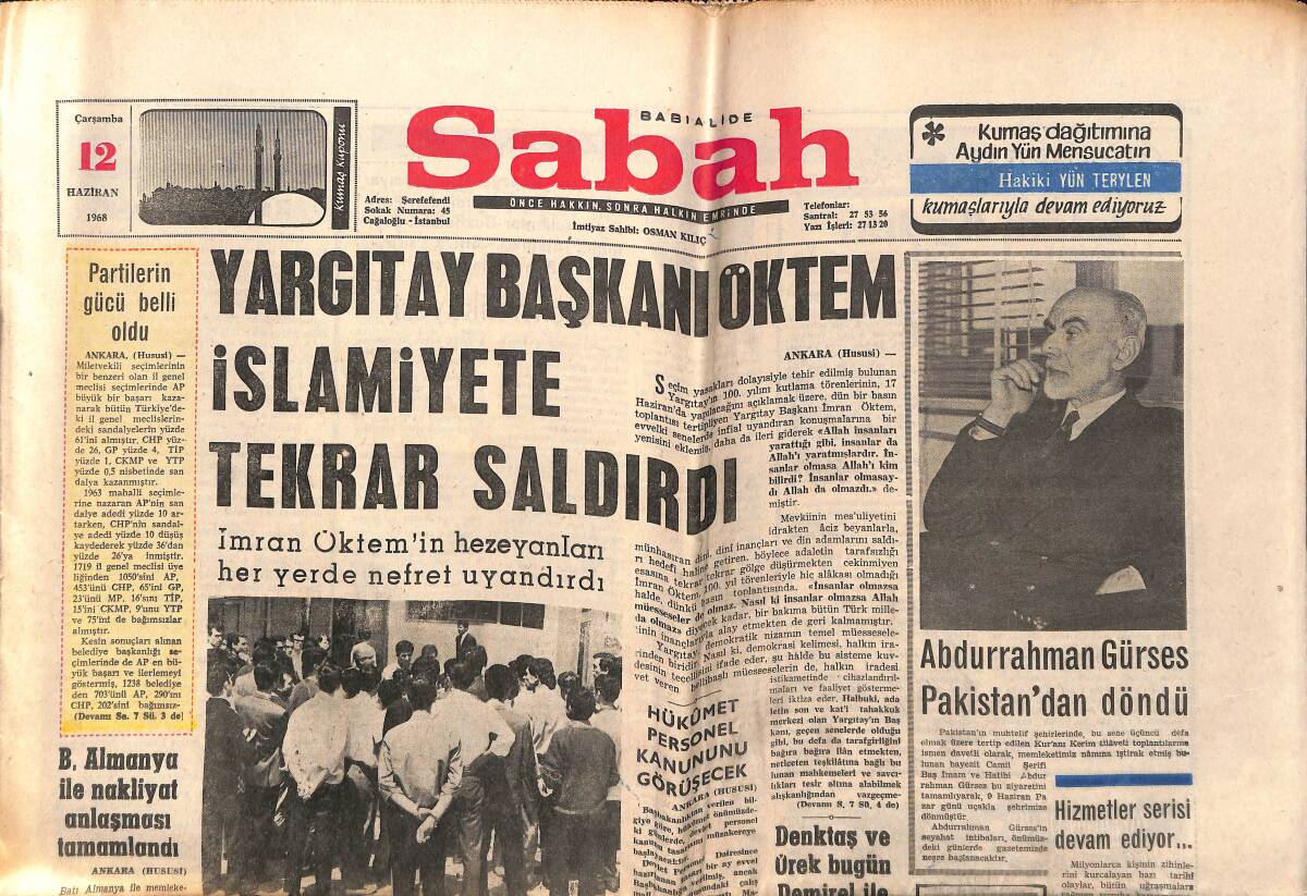 Sabah Gazetesi 12 Haziran 1968 - Yargıtay Başkanı Öktem İslamiyet'e Tekrar Saldırdı - Yanevski, Beşiktaş'ı FİFA'ya Şikayet Etti GZ150173 - 1