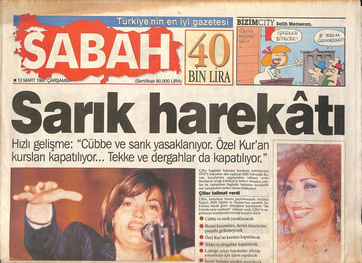 Sabah Gazetesi 12 Mart 1997 - Ayşegül Nadir 4.5 Yıl Hapse Mahkum Oldu - Erbakan'ın Gözü Gurbetçi Oyunda GZ155512 - 1