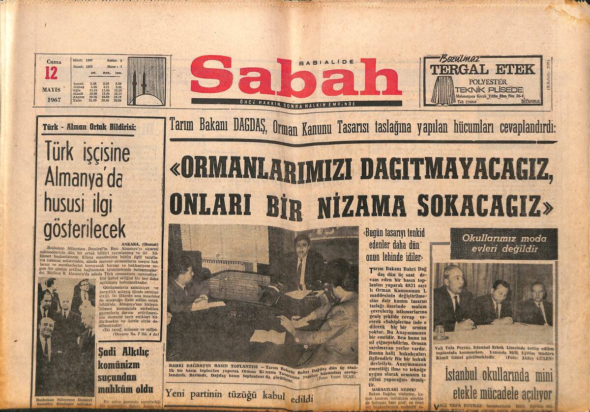 Sabah Gazetesi 12 Mayıs 1967 - Türk İşçisine Almanya'da Hususi İlgi Gösterilecek - Altay Da Galatasaray'dan Korkuyor GZ150191 - 1