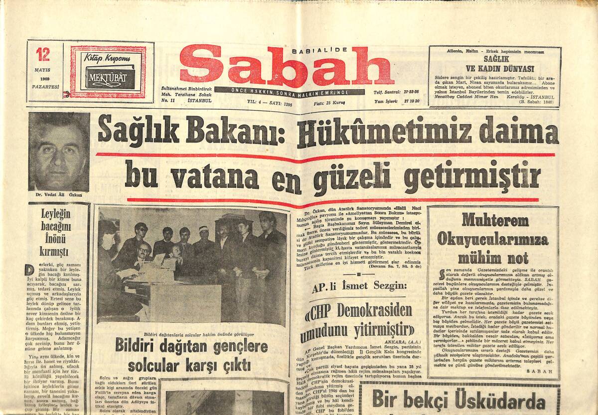 Sabah Gazetesi 12 Mayıs 1969 - Aybar CHP'yi Bukalemuna Benzetti - Sağlık Bakanı : Hükümetimiz Daima Bu Vatana En Güzeli Getirmiştir GZ150088 - 1