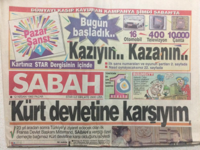 Sabah Gazetesi 12 Nisan 1992 - Fransa Devlet Başkanı Kürt Devletine Karşı Olduğunu Söyledi GZ27394 - 1