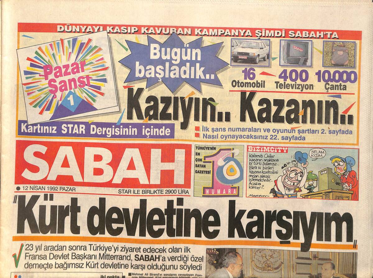 Sabah Gazetesi 12 Nisan 1992 - Mitterand: Kürt Devletine Karşıyım - Rıdvan'dan Özür GZ3392 - 1