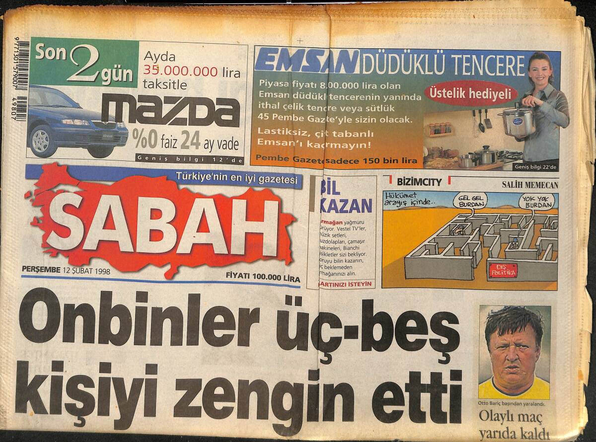 Sabah Gazetesi 12 Şubat 1998 - Erman Toroğlu : Trabzon Kaybeder - Şişmanlatmayan Cips Üretildi GZ155413 - 1