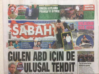 Sabah Gazetesi 12 Temmuz 2016 - Gülen Abd İçinde Ulusal Tehtit GZ27912 - 1