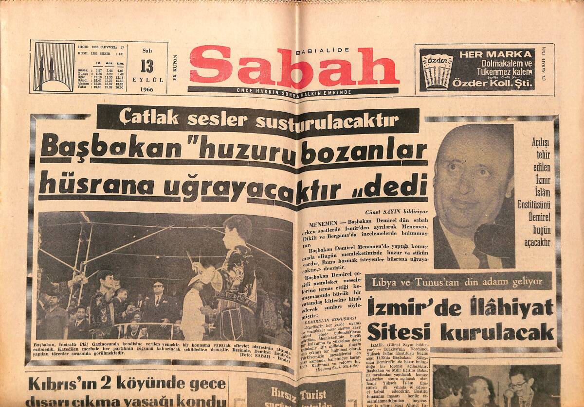 Sabah Gazetesi 13 Eylül 1966 - Kıbrıs'ın 2 Köyüne Gece Dışarı Çıkma Yasağı Kondu - İzmir'de İlahiyat Sitesi Kurulacak GZ149795 - 1