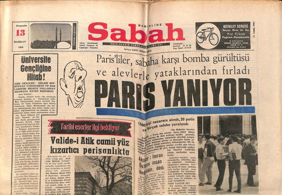 Sabah Gazetesi 13 Haziran 1968 - Paris Yanıyor - İzmirspor Metin'i Yuvaya Davet Etti GZ150172 - 1